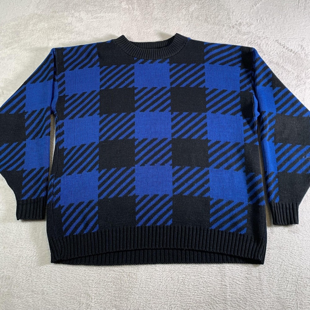 Vintage Cabin Creek Sweater Womens Large Blue Black Check Plaid Made USA 90s